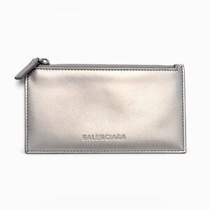 Balenciaga Metallic Silver Coin & Card Holder Zipper Pouch NEW